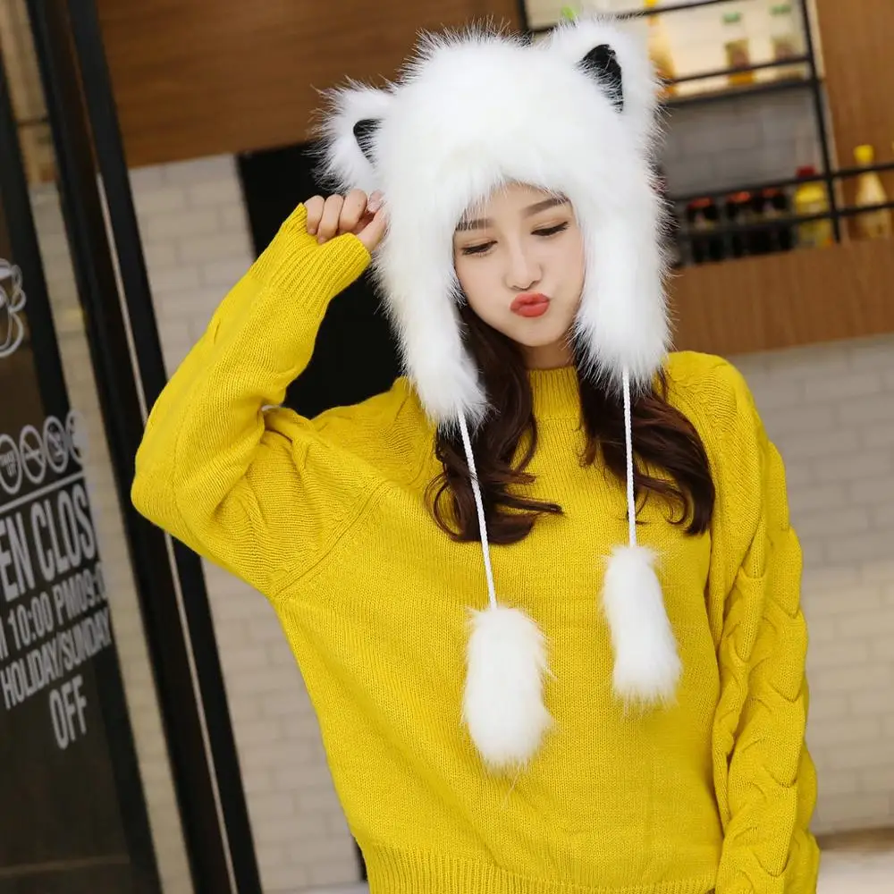 Плюшевая Толстая Милая мультяшная шапка для женщин с помпоном, меховым помпоном, головной убор для девушек, мягкие защитные наушники для ушей, Зимние теплые наушники, плюшевая шапка