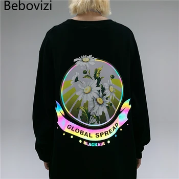 

Bebovizi Reflective Daisy Global Spread Print T Shirt Men Harajuku Korean Tshirt Long Sleeve T-Shirt Hip Hop Streetwear Tops