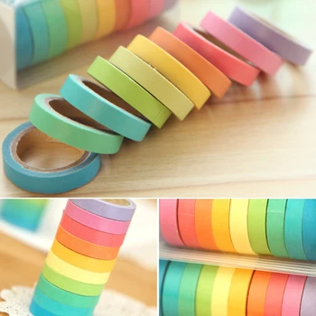 

10 Rolls Masking Stickers Crafts School Washi Tape Decorative Easy Tear Writing Stationery DIY Rainbow Color Scrapbooking Diary