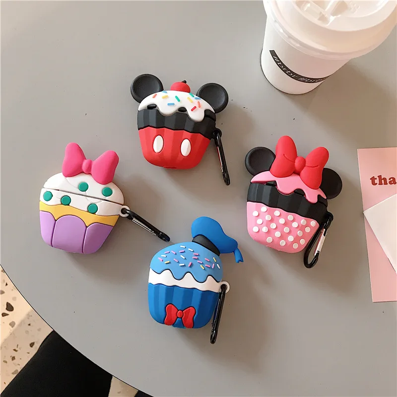 

Silicone Case for AirPods 1 2 Cute Protective Cover Bluetooth Earphone Accessories with Keychain Mickey Minnie Donald Daisy Cake