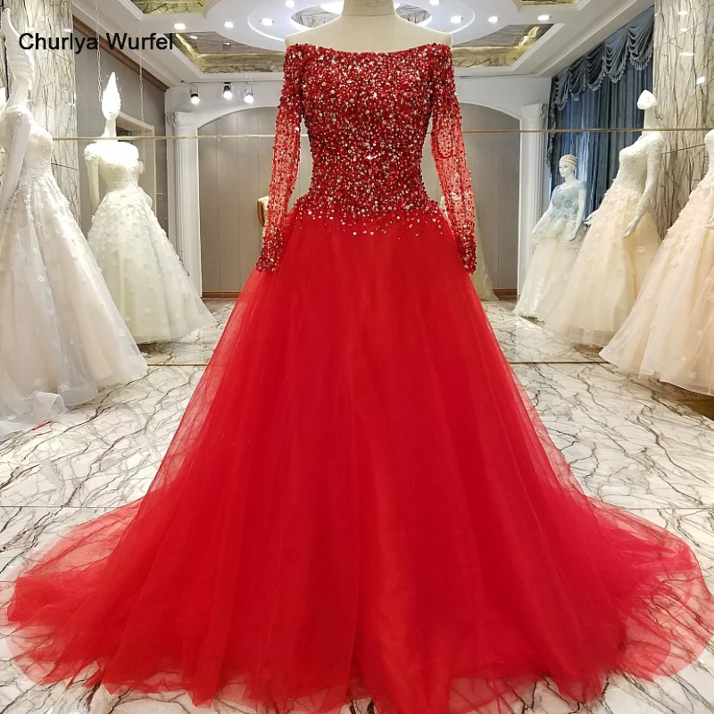 LS06332 с длинным рукавом A line от плеча блеск красный формальный вечерние вечерние платья длиной реальных фотографий