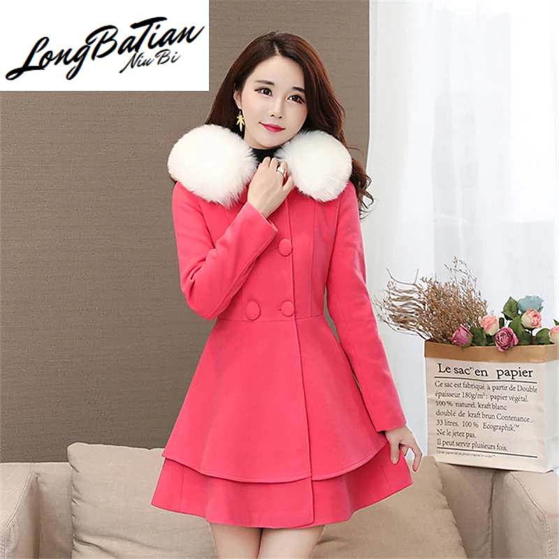 Chaqueta de lana rosa para mujer, abrigo largo lana con Cuello de piel de doble botonadura abrigo, abrigos blancos para Otoño e y - AliExpress