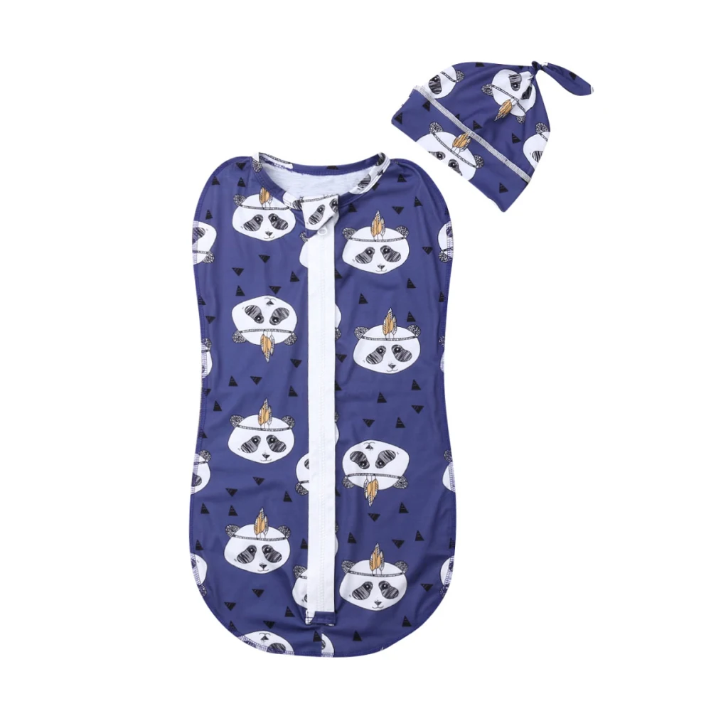 Брендовое Пеленальное Одеяло на молнии для новорожденных Милый принт с животными из мультфильмов пеленка для сна муслиновая пеленка+ шапка, 2 предмета, хлопковая одежда для сна - Цвет: Panda
