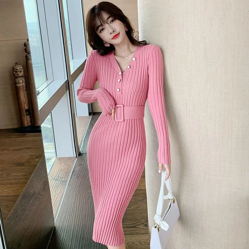 

Fall New V-neck Long Sleeve Belt Solid Dress Women Button Deco Slim Temperament Sweater Dress Sweet Pink Ribbing Knitted Dresses