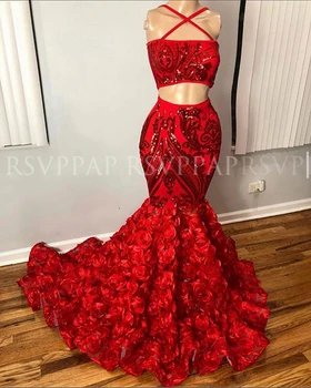 

African Black Girls Long Prom Dresses 2020 Boat Neck Red Sequin 3D Rose Two Piece Mermaid Women Prom Dress