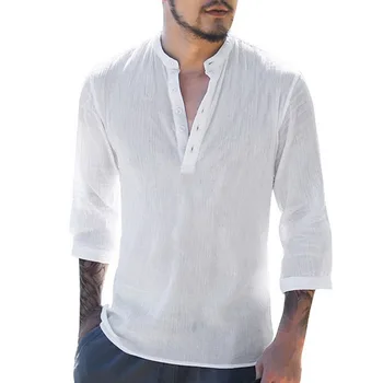 

2019 Summer Mens Shirts Linen Shirt White Casual Three-Quarter Sleeve V Neck Hawaiian Shirt Beach Breathable Shirts