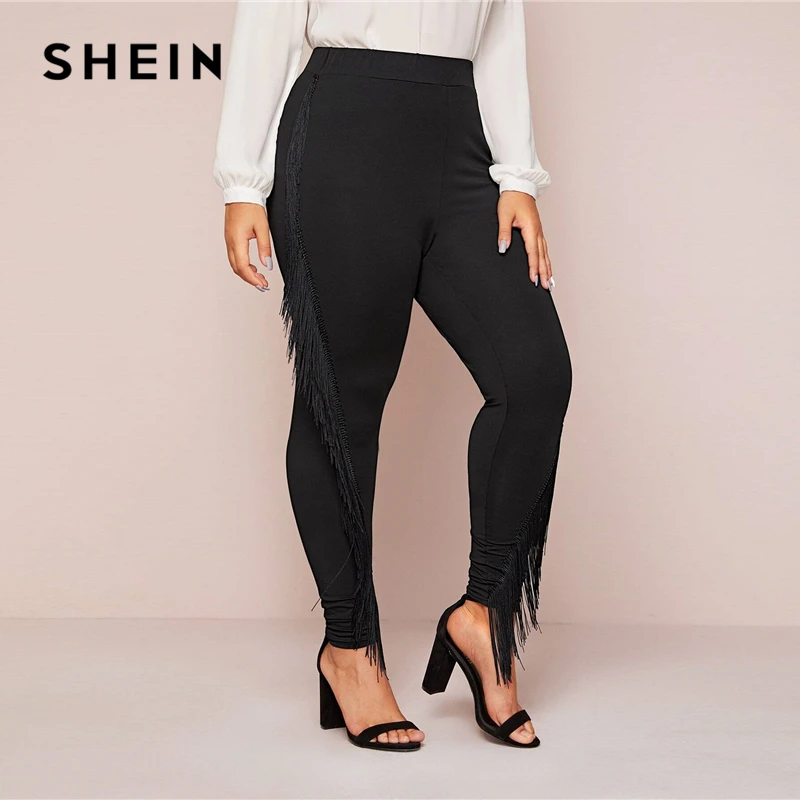 SHEIN, черные обтягивающие леггинсы с бахромой размера плюс, женские осенние однотонные длинные облегающие леггинсы, гламурные леггинсы Highstreet