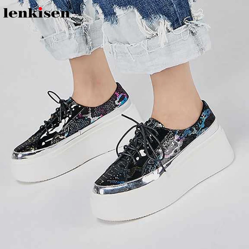 

Lenkisen snakeskin pattern round toe high heels thick bottom sheep leather fashion lace up rock shiny women vulcanized shoes L20