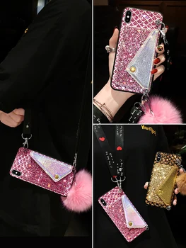 

Luxury Wallet Style Cross Sequin Wool Ball New Type Suitable For Huawei Mate20 Case Women's Gorgeous Lanyard Card P20 / P30/por