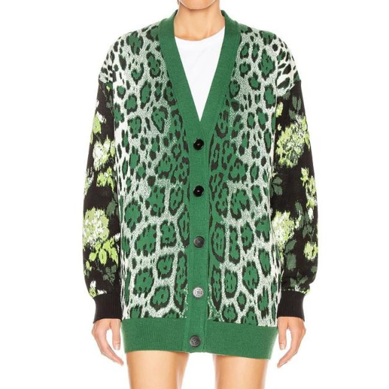 #^Special Price Green Leopard Women Cardigan 2019 Autumn Winter Fashion V Neck Single Breasted Loose Sweater Coat Female Knitting Cardigan #^Special Price Green Leopard Women Cardigan 2019 Autumn Winter Fashion V Neck Single Breasted Loose Sweater Coat Female Knitting Cardigan