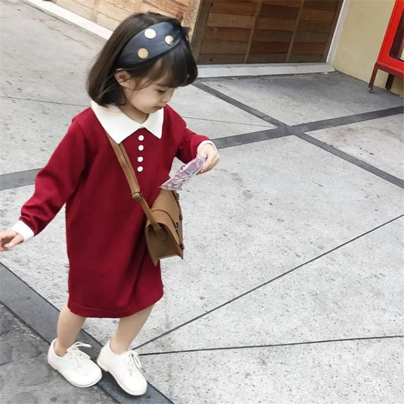 

Spring Girls Red Button Knitted Dresses Baby Girl Long Sleeve Dress Children Clothing 2 3 4 5 6 7year