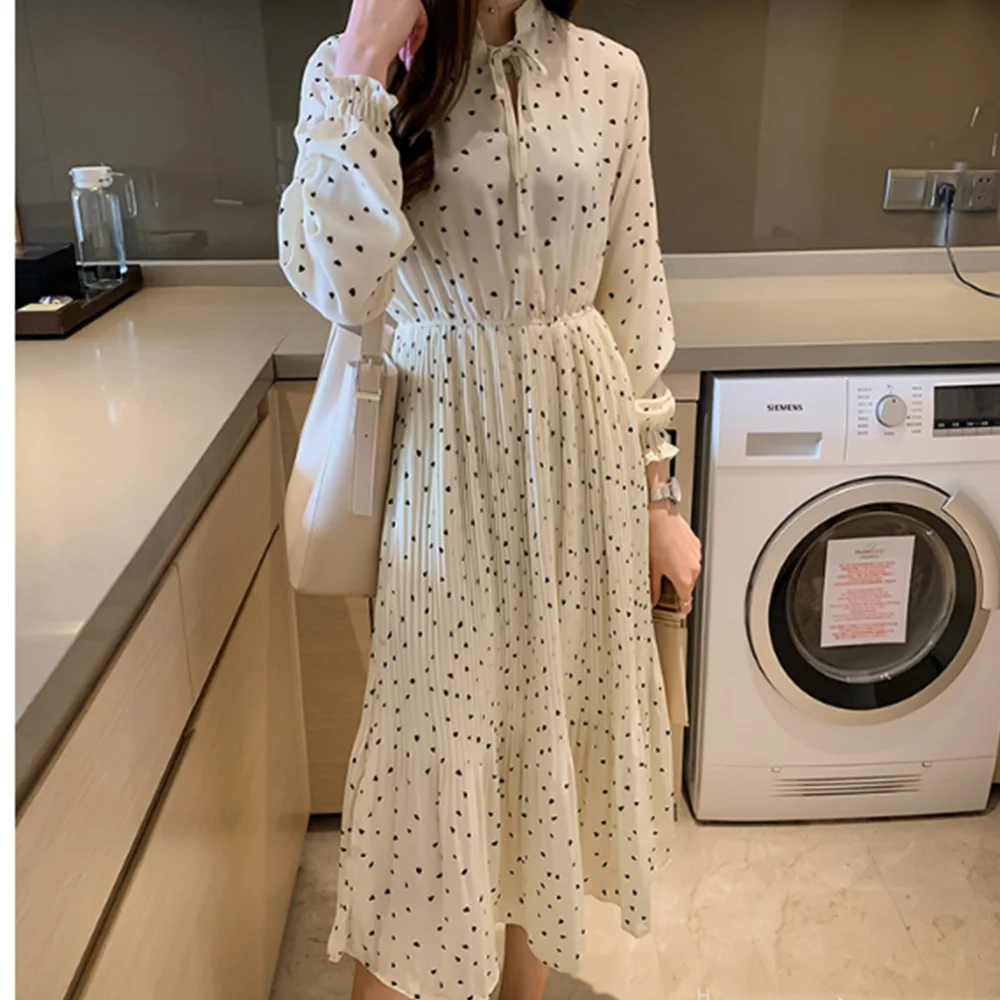 M-4XL Long Sleeve Women Polka Dot Dress Chiffon Black Spring Summer Long Dress Vintage Elegant Plus Size Female Ladies Hot Dress