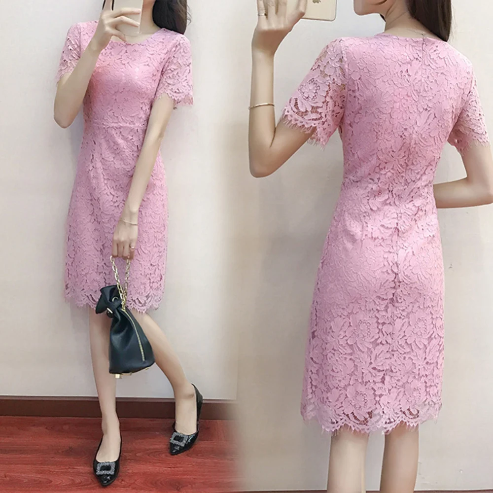 Summer Women fashion lace Dress Round Neckline Short Sleeves Crochet Lace Dress