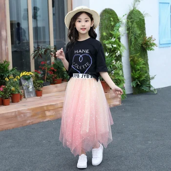 

Girls Starry Skirt Sets Summer Fashion Half O-Neck Children's Clothing 3-13 years old Casual Kids Clothes and Skirt Two-pieces
