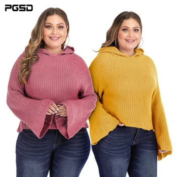 

PGSD New Autumn winter Big size Long trumpet sleeve Hooded Women knitted Sweater solid short Casual warm Pullover Plus clothes