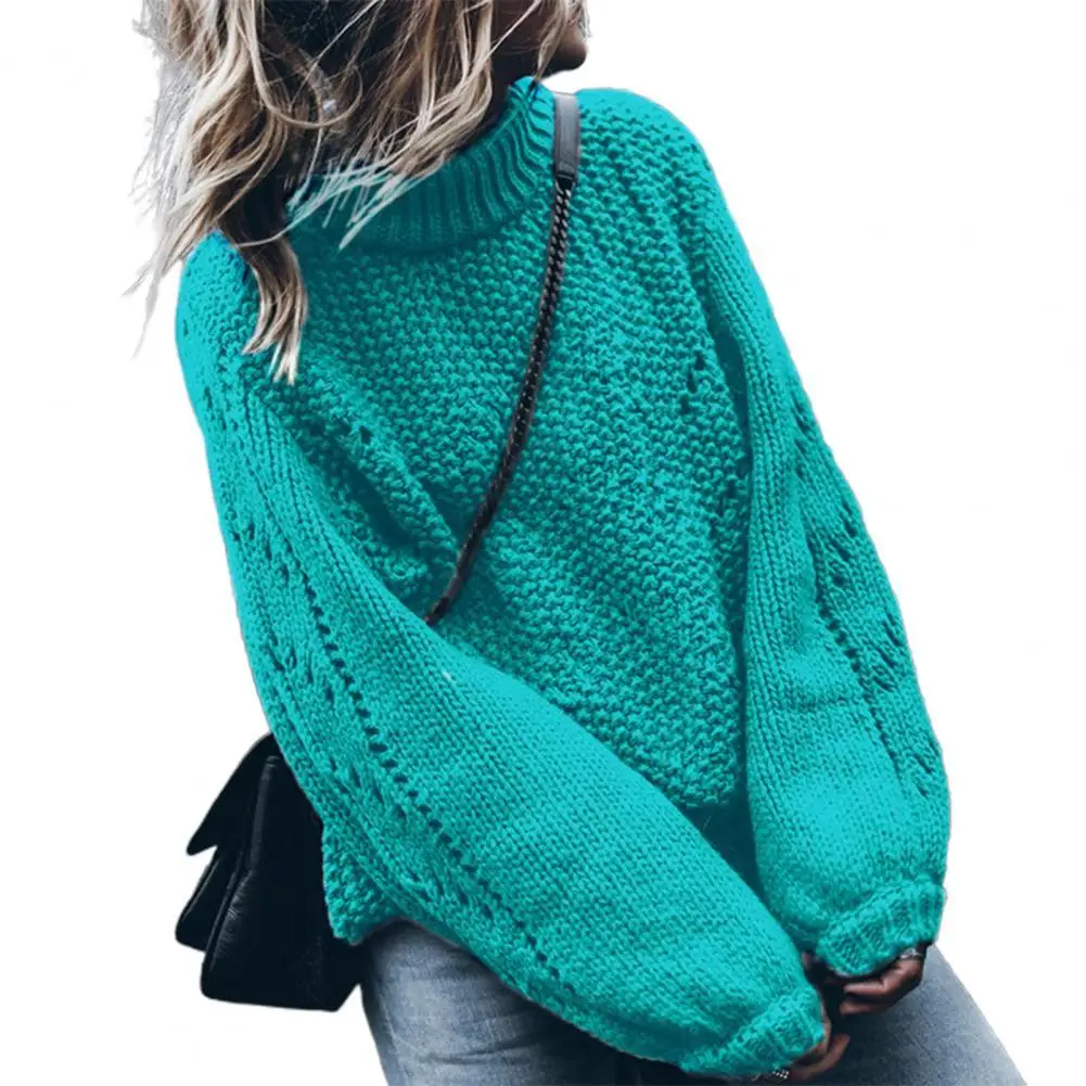 

Solid Color Half High Collar Knitted Sweater Women Autumn Winter Hollow Out Long Sleeve Casual Pullover Knitted Sweater Top