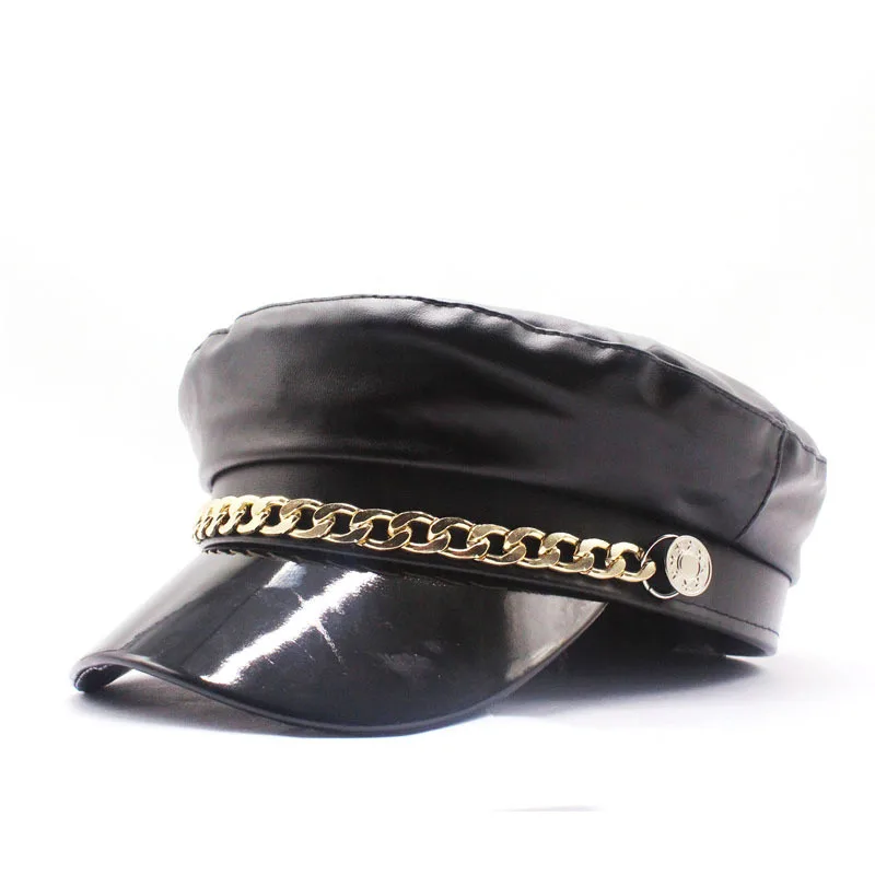 ZffXH Winter Military Newsboy Hats with Neck Ear Flaps/Women Visor Beret Cap/PU Belt Chain 