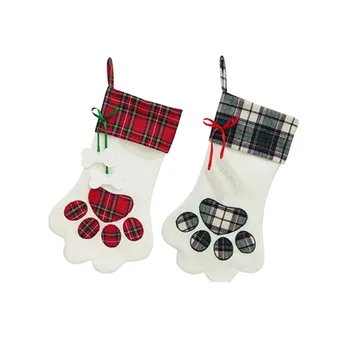 

2020 New Christmas Stockings Cute Plaid Pet Paw Snowflake Xmas Tree Hanging Stockings Home Holiday Décor