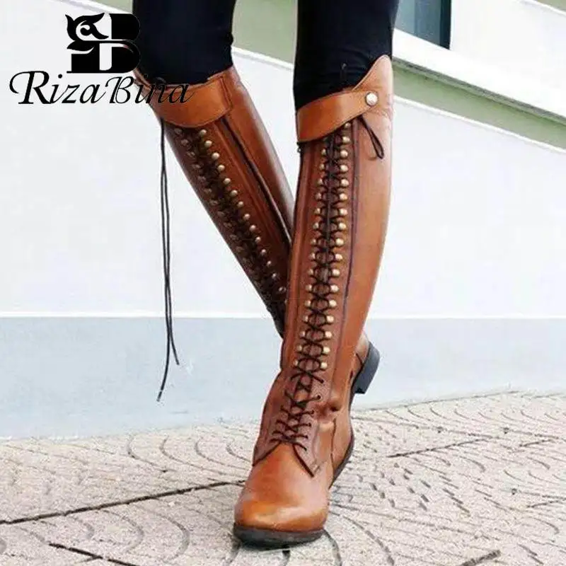 RIZABINA/Зимние ботфорты с круглым носком на низком каблуке из искусственной кожи