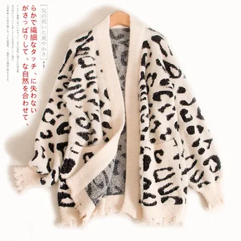 

women sweaters and cardigan 2019 spring new thicken hole knitted v-neck leopard lady warm outwear coat tops