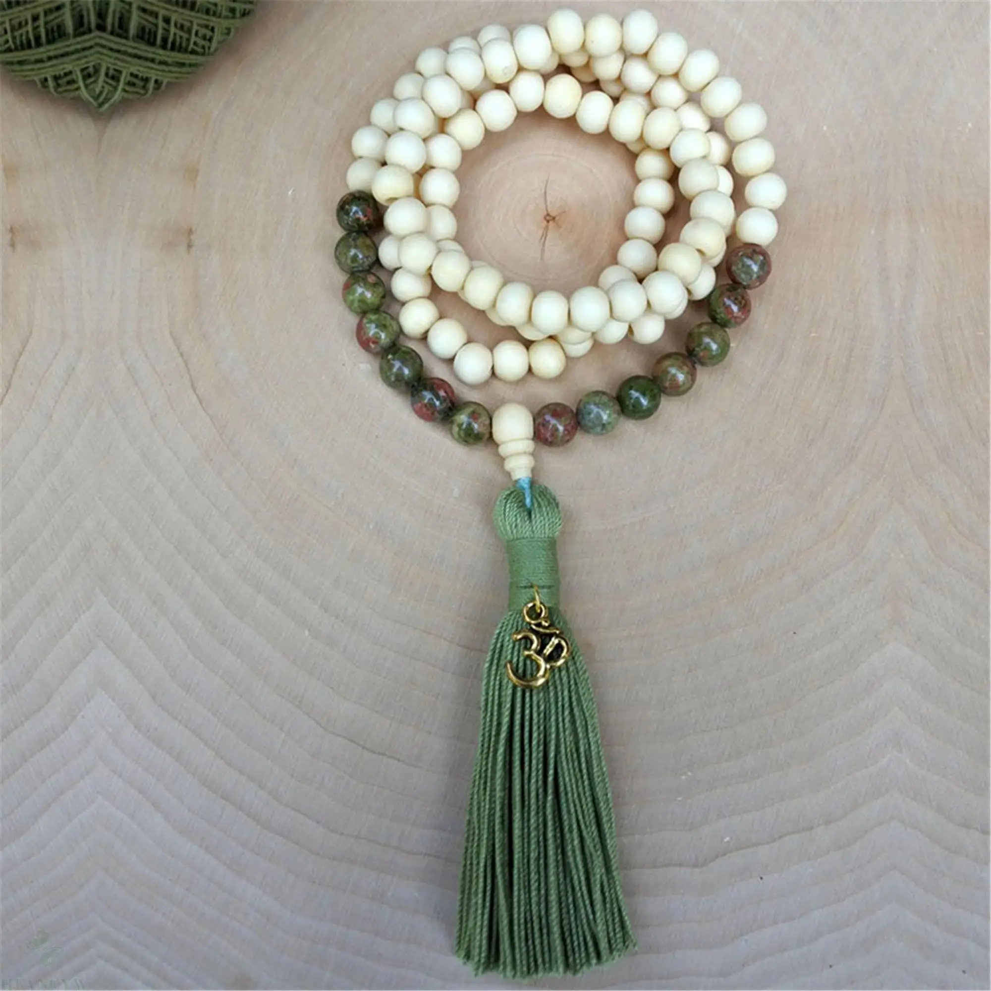 8mm Natural Unakite 108 Beads Handmade Tassel Necklace Prayer Religious Buddhism Wristband Meditation Tibetan
