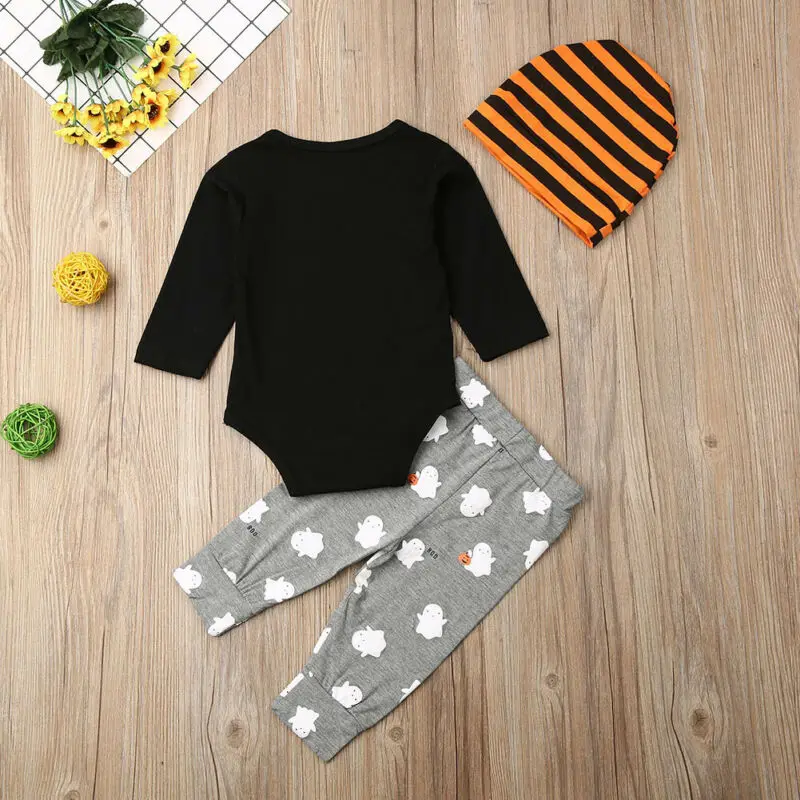 0-24M Halloween Baby Costumes Newborn Infant Baby Boy Girl Clothing Set Cartoon BOO Letter Romper + Pants + Hat Outfits