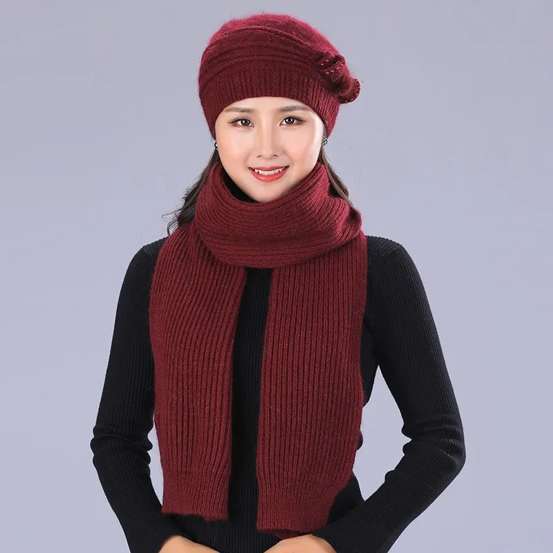 Mother's Nnew Year Gift Rabbit Knit Cap Scarf The Elderly Women's Autumn And Winter Warm Hat Scarf Female Winter Hat Twinset