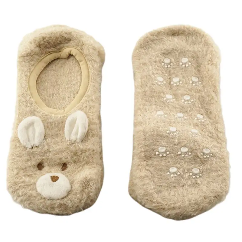 Женские зимние толстые пушистые короткие носки-башмачки с мультяшным медведем, Нескользящие плюшевые Чулочные изделия Y1AC
