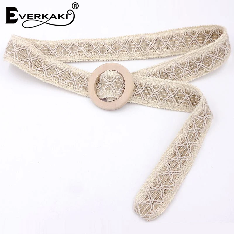 Everkaki Boho кружевной пояс из кусков, женский пояс с круглой деревянной пряжкой, вязаные ремни для женщин, платье, джинсы, новинка