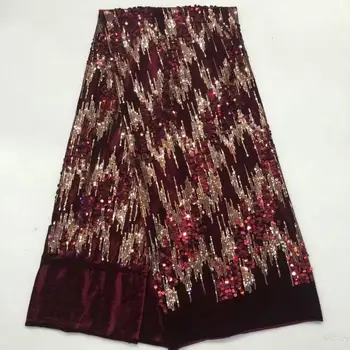 

Wine red Velvet Lace Fabric for Dresses Latest Nigerian French Tulle Lace with Sequin High Quality African Sequins Lace FFD-116