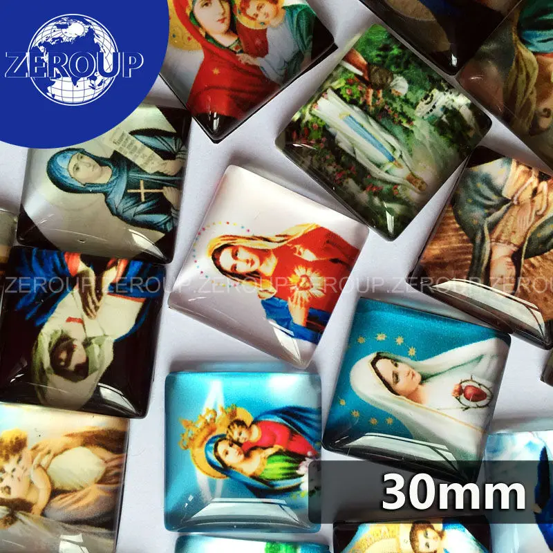 

ZEROUP 10pcs/lot 30mm clear square glass cabochon Virgin Mary pattern mixed color fit cameo base setting