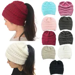 2019 женские зимние шапки с хвостиком для девочек и мальчиков, Повседневные шапки с хвостиком, теплые вязаные шапки, мягкие мешковатые шапки