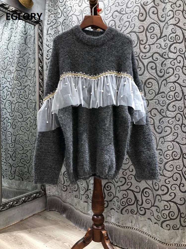 

2020 Autumn Winter Fashion Style Sweaters Women Ruffle Lace Beading Deco Long Sleeve Grey Purple Sweaters Casual Soft Knitwear