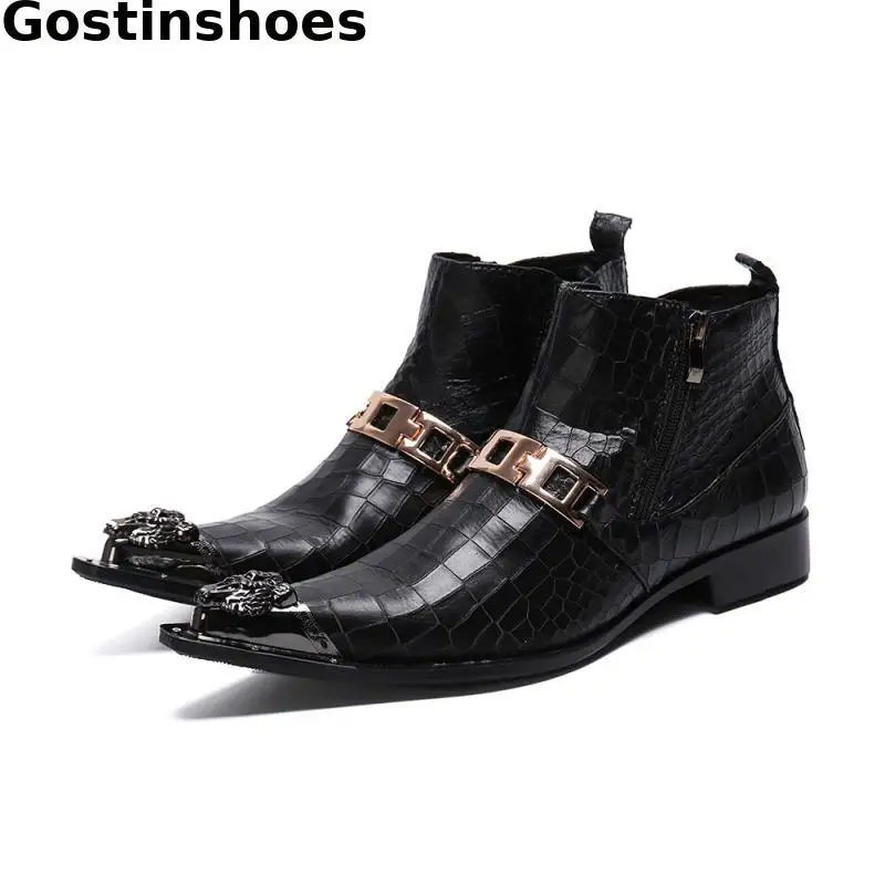 

Metal Buckle Strap Genuine Leather Crocodile Skin Printed Men Boots Black Fashion Style Pointed Metal Cap Toe Short Ankle Boots