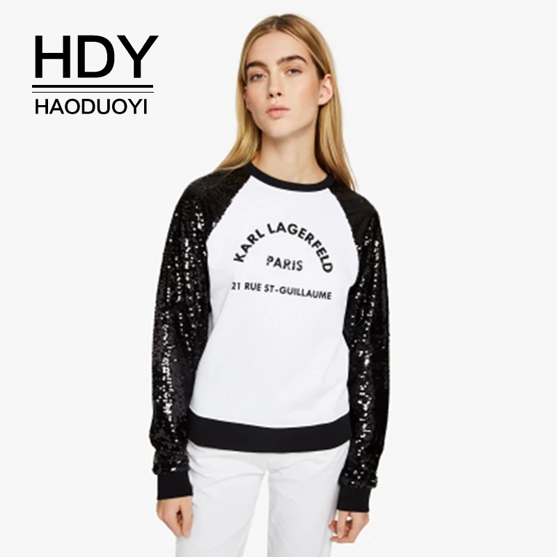 

HDY Haoduoyi Simple Personality Sequins Sleeves Stitching English Letters Printed Ribbed Sleeve Neckline Pullover Sweatshirt