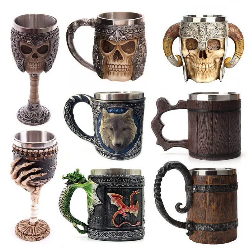 Retro Horn Skull Resin Beer Mug Stainless Steel Skull Knight Tankard
Halloween Coffee Cup Viking Tea Mug Pub Bar Decoration