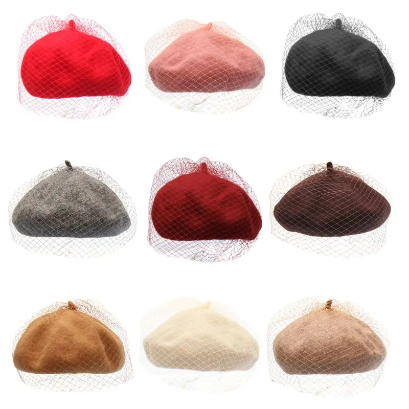

Fashion Ladies Women Autumn Winter Warm Wool Beret Cap Mystery Net Veil Style Female Casual Outdoor Elegant Beanies Bonnet Hat