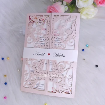 

Light Pink Tower Laser Cut Wedding Invitations with Belt Invitation for Quinceanera Graduation Party Dinner Invite