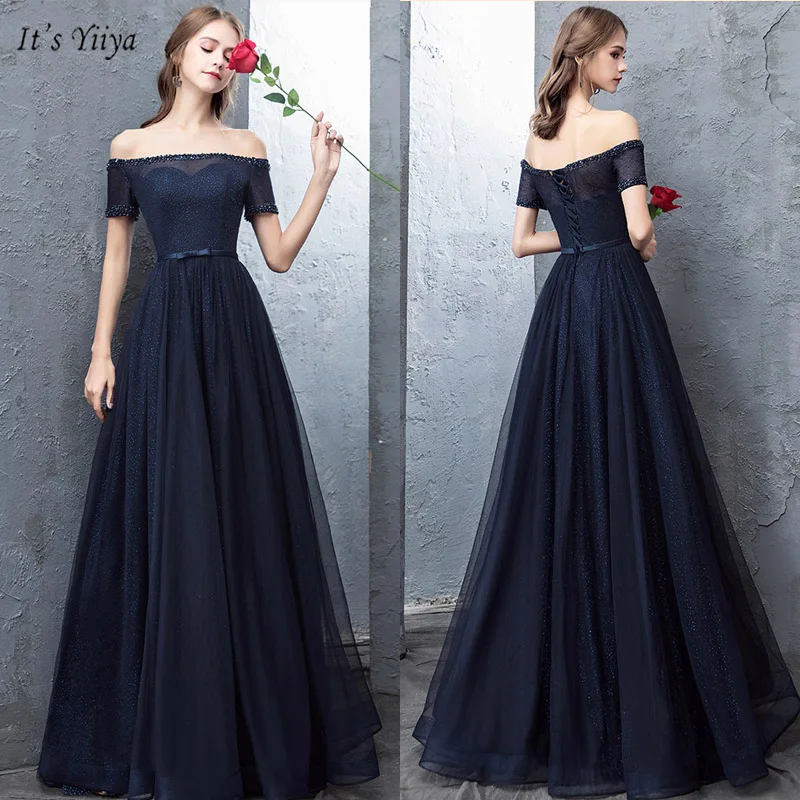

It's Yiiya Evening Dress Elegant Boat Neck Short Sleeve Robe De Soiree Crystal Off Shoulder A-Line Women Party Dresses V073