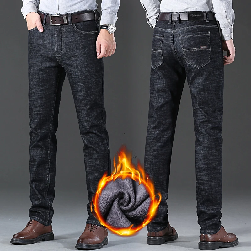 Winter Thermal Warm Flannel Stretch Jeans Mens Winter Quality Famous Brand Fleece Pants Straight Flocking Trousers Denim Jeans 6