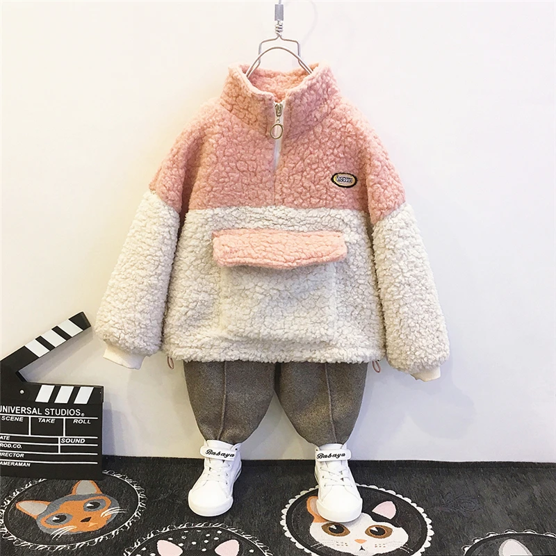 New winter Autumn Baby Boys Clothes Cotton thick toddler girl Hooded Sweatshirt Children's Kids Casual Sportswear Clothing - Цвет: Розовый