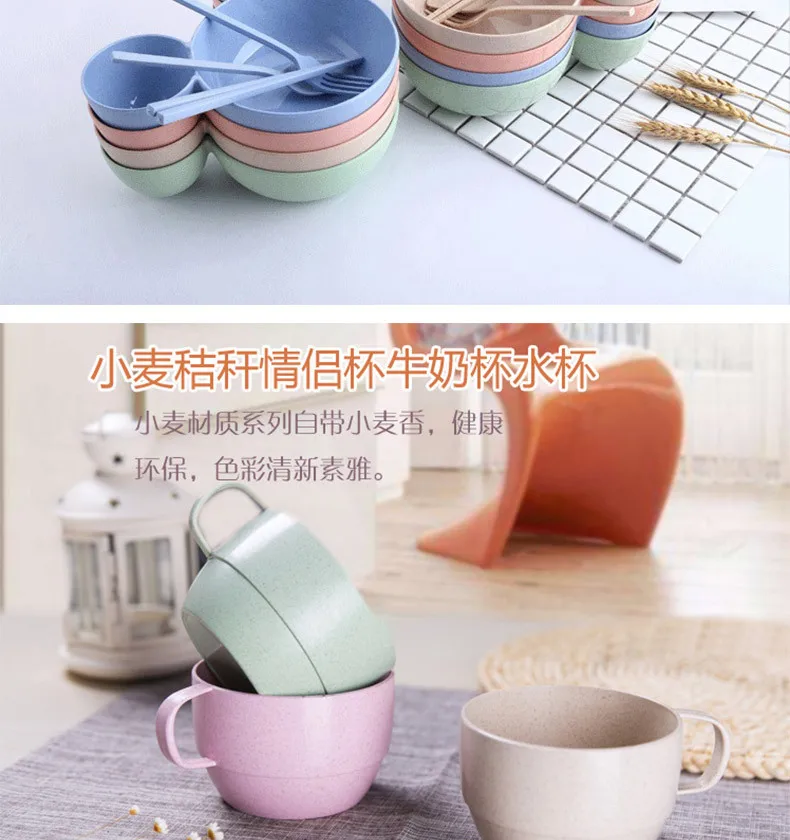 Wheat Straw Plate Tableware Children Cute Cartoon Mickey Minnie Bowl Spoon Fork Glass Ladel Set