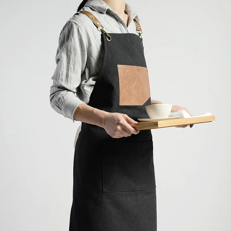 Fashion Adjustable PU Canvas Apron Coffee Shop Barber Aprons Bib Cooking Kitchen Aprons For Woman Man Work Apron With Pockets