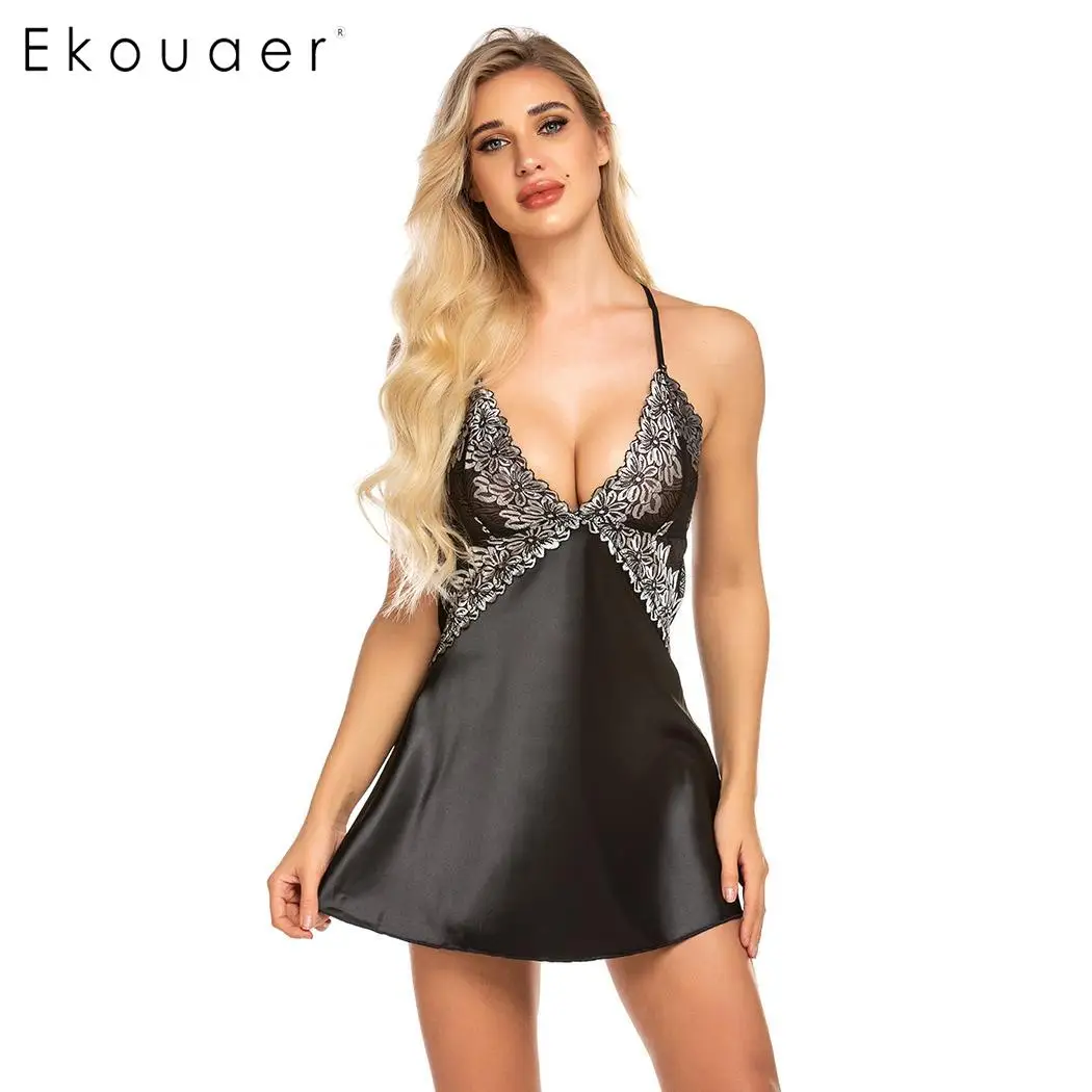 Ekouaer, Женское ночное платье, сексуальная одежда для дома, кружевное, из кусков, сексуальное, на бретельках, нижнее белье, ночная рубашка, женская летняя одежда для сна