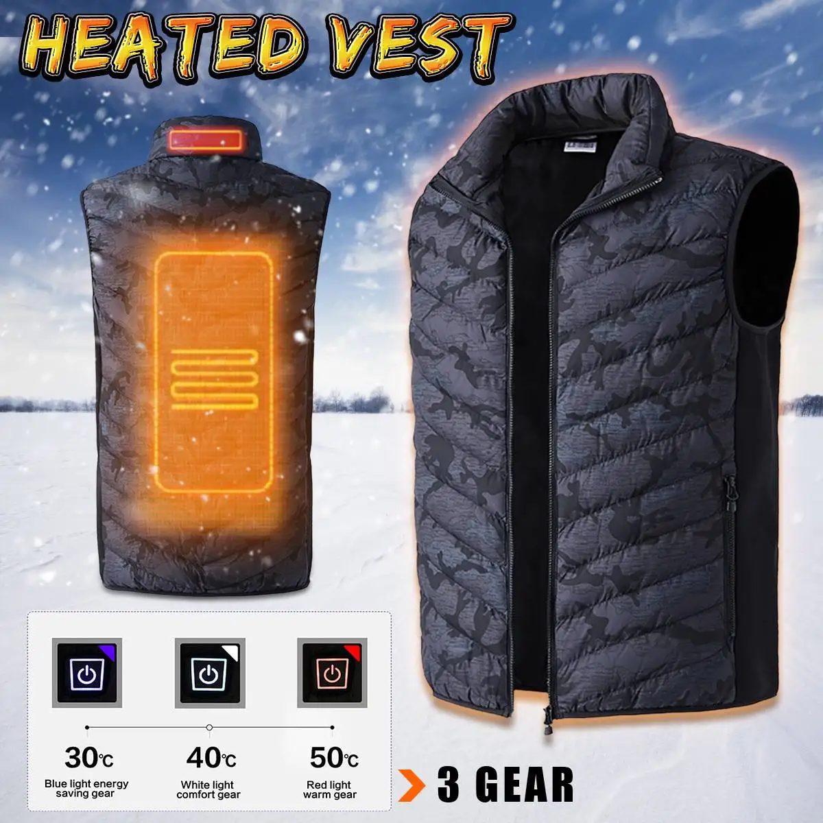 

Safurance Winter Heating Vest Coat Jacket 3 Control Mode USB Electric Warm Back Cervical Spine Hooded Unisex Thermal Warm Cloth