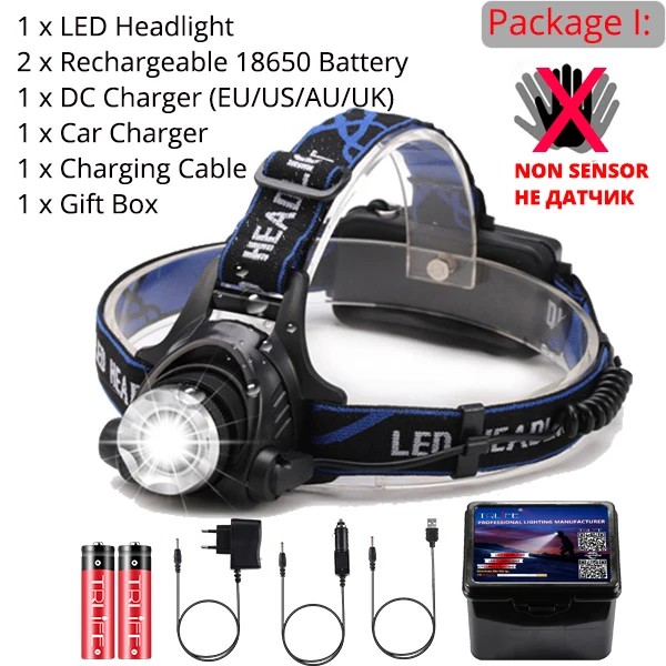 Package I ИК Сенсор головной светильник USB Перезаряжаемые V6/L2/T6 индукции светодиодный налобный фонарь для рыбалки головной светильник Фонари по 18650 Батарея - Испускаемый цвет: Package I