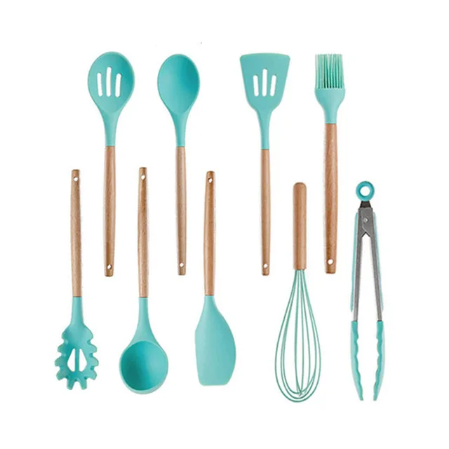 9pcs 5-13 шт силиконовые инструменты для приготовления пищи набор кухонной посуды с ящиком для хранения токарные щипцы шпатель с деревянной ручкой Антипригарная посуда - Цвет: 9pcs