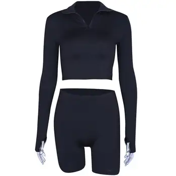 

2Pcs Women Fitness Solid Color Zip Long Sleeve Short Crop tracksuit fashionable and casual Top Shorts Tracksuit