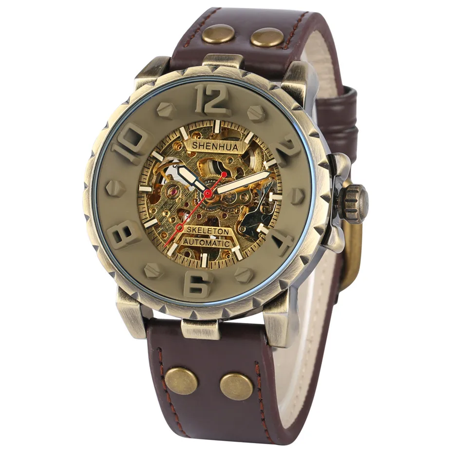 Автоматические механические мужские часы коричневый/черный натуральная кожа мужские часы Бронзовый Скелет с автоматическим заводом мужские часы