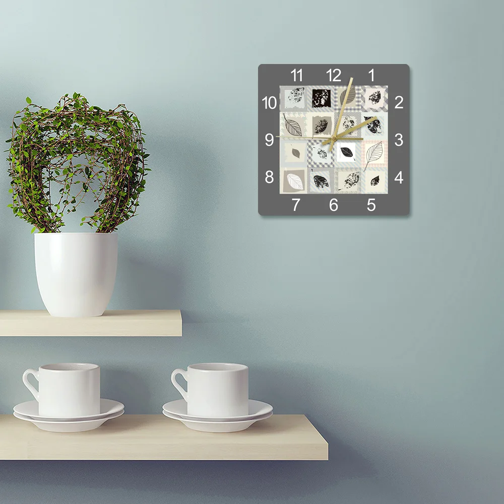 Leaf Texture Pattern Minimalist Fashion Printed Acrylic Wall Clock Modern Design Home Decor Non Ticking Quartz Hanging Clocks